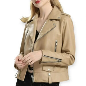 Bershka NWT Leather Moto Jacket XS Beige Motorcycle Coat